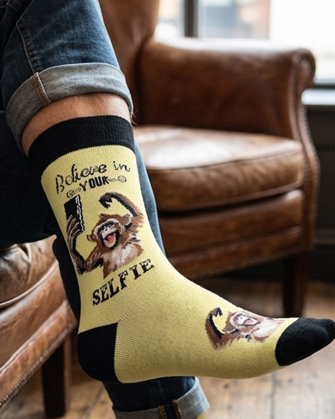 Believe In Your Selfie Monkey Socks Fun Expression Edition