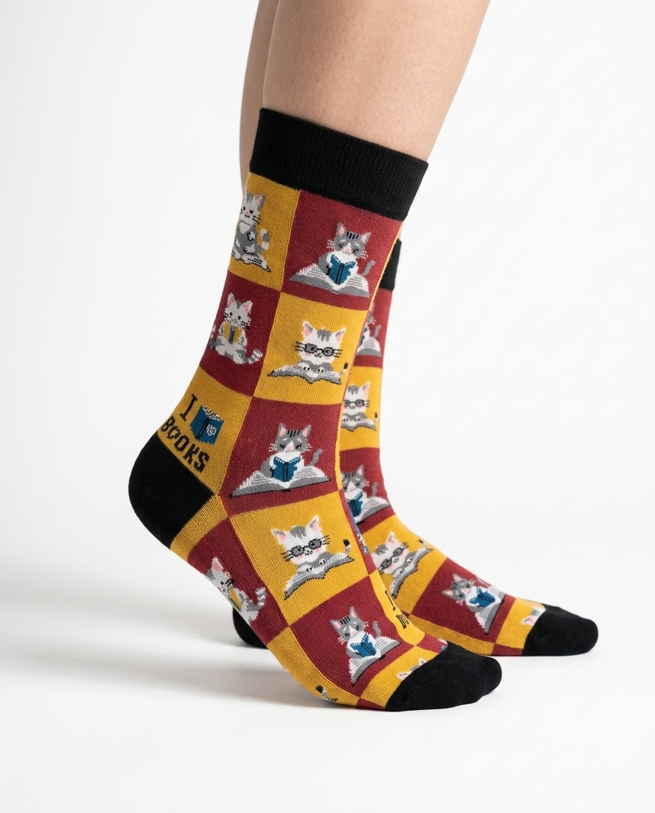 Book and Cats Socks Cozy Reading Edition