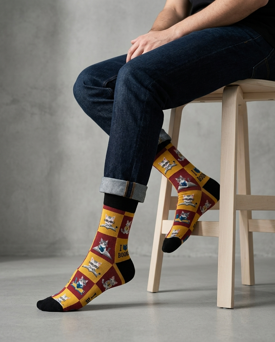 Book and Cats Socks Cozy Reading Edition