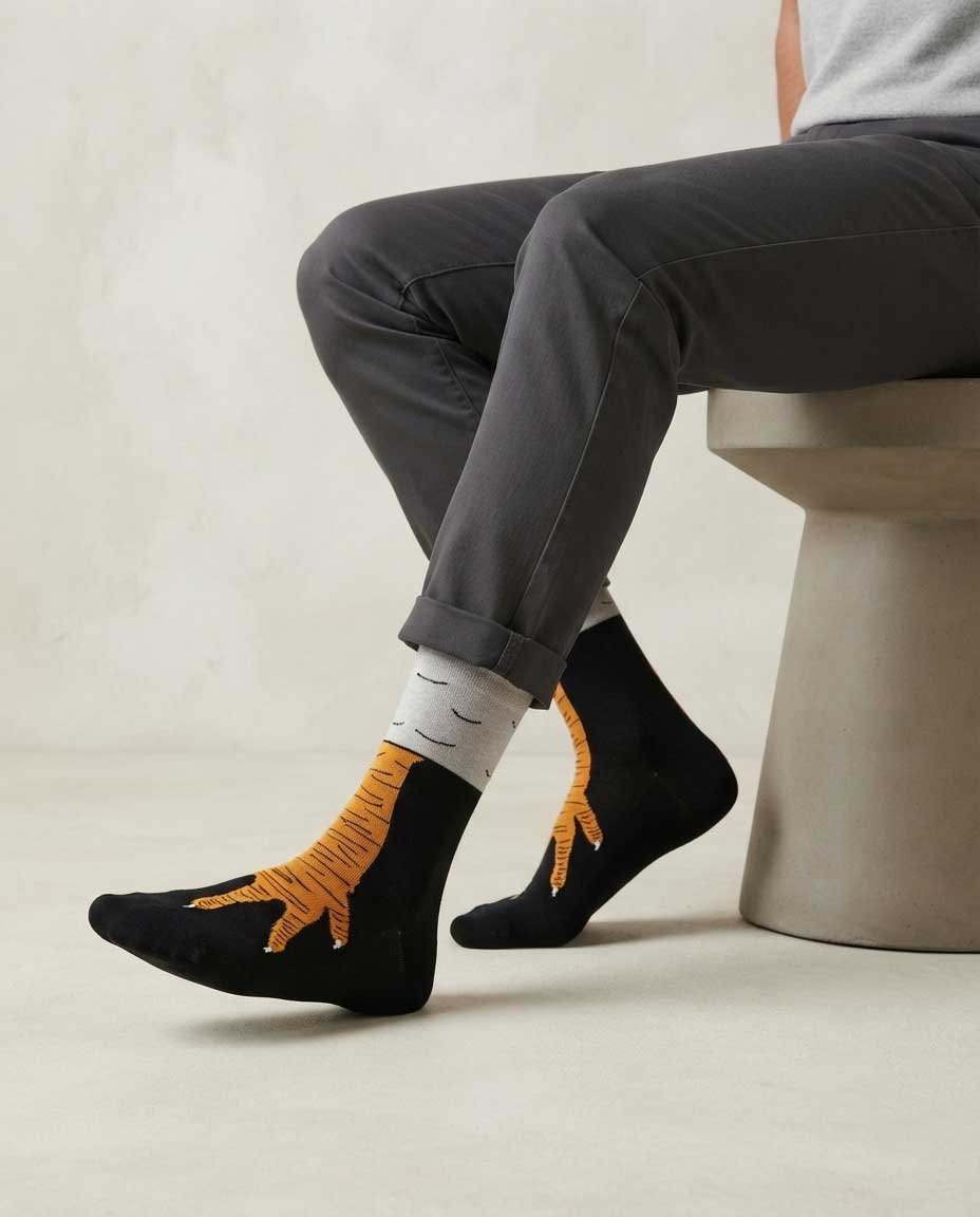 Lustige Hühnerbeinsocken Skurriler und farbenfroher Druck
