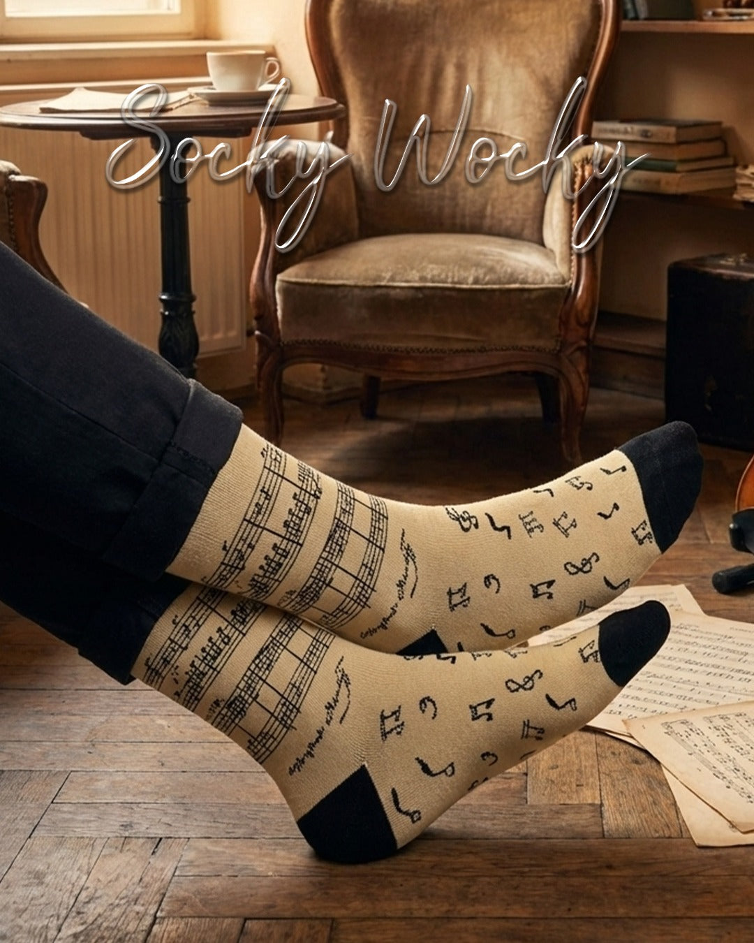 Cremefarbene Noten Socken Weiches Musikmuster Linie