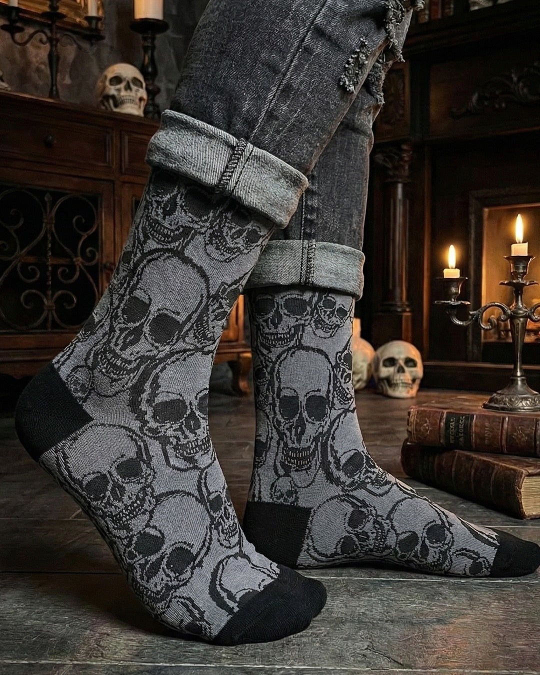Skull Grey Socks Dark Graphic Edition