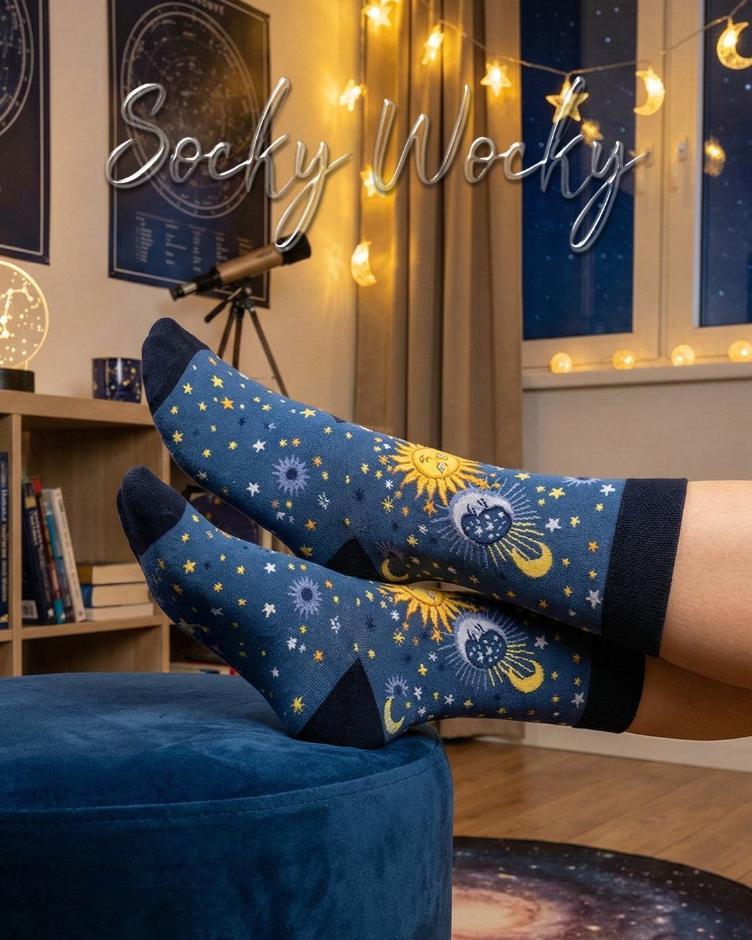 Sun And Moon Blue Socks Cosmic Harmony Series